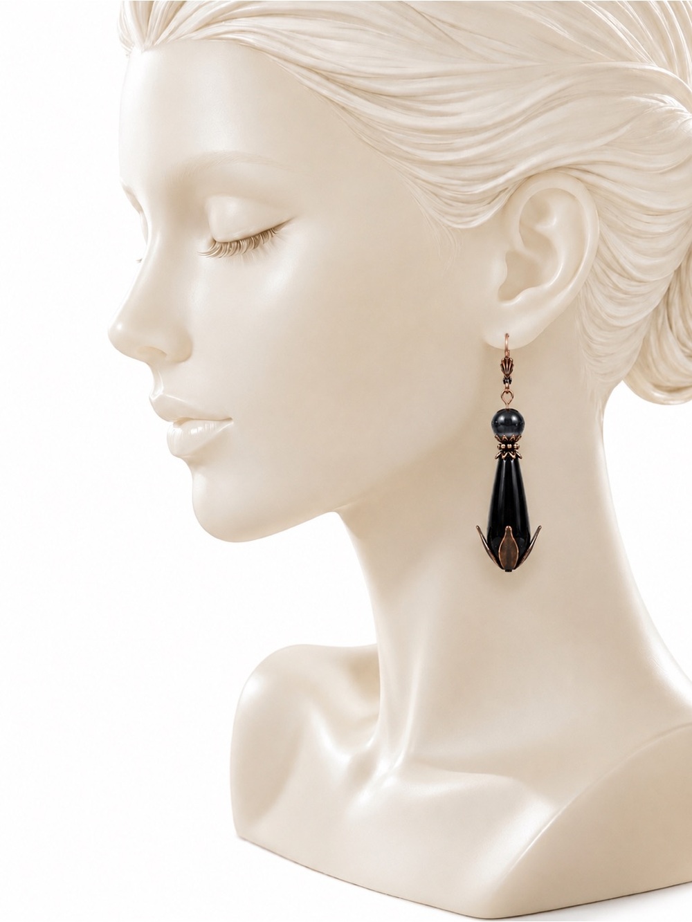 Black Cat Eye Art Nouveau Teardrop Earrings, Antique Copper, Premium Hooks, OOAK - Picture 4 of 9